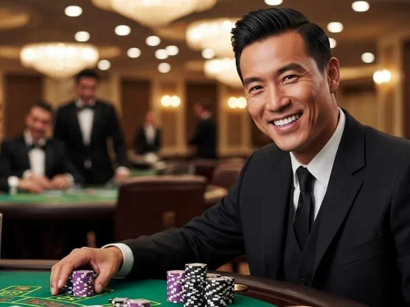 Man happily placing chips on a poker table at a physical casino, illustrating how to invest in online casino.