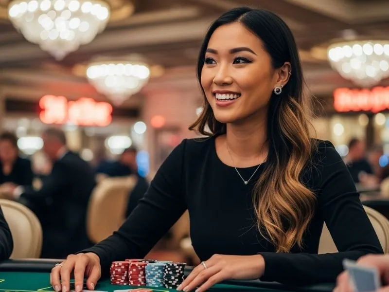 Lady enjoying a casino table with a happy smile at Isle of Capri Casino Hotel Lake Charles, experiencing the thrill of a physical casino.