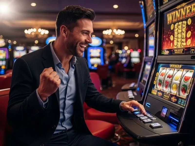 Man happily celebrating a big slots win at Isle of Capri Casino Hotel Lake Charles, enjoying the excitement of a physical casino.