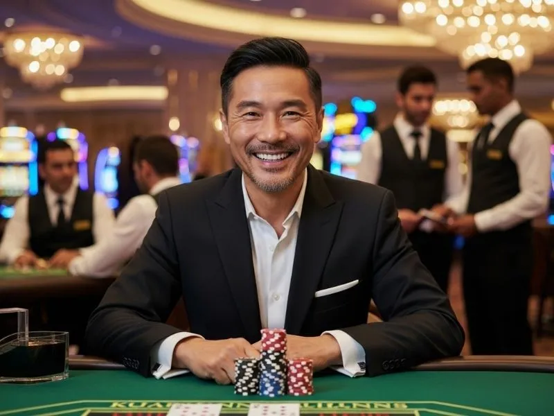 Man happily laughing while playing poker at Isle of Capri Casino Hotel Lake Charles