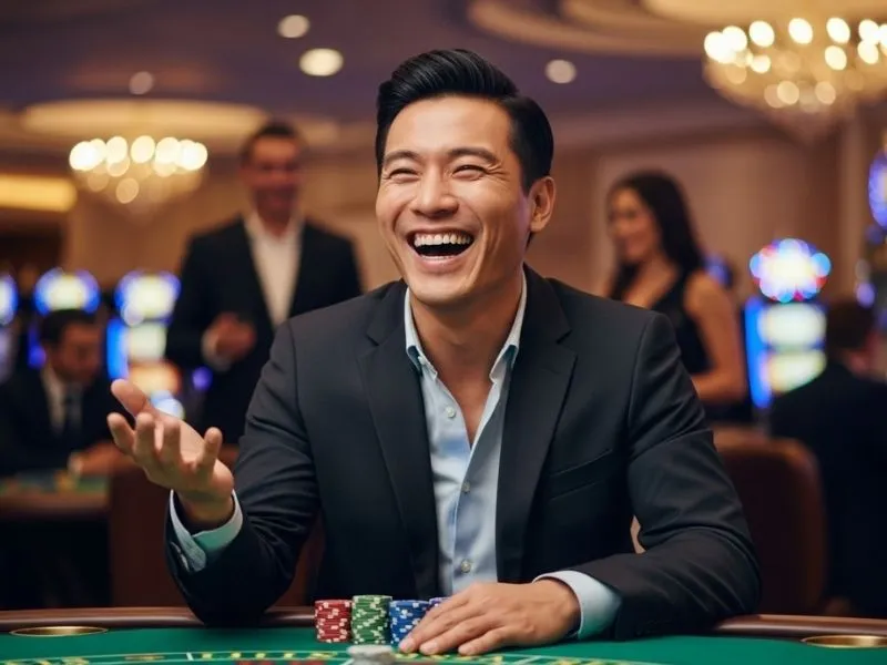 Man happily smiling while playing at a baccarat table inside the Isle of Capri Casino Hotel Lake Charles