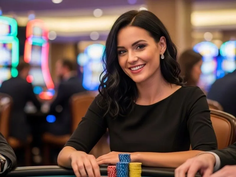 Happy woman enjoying table games at a physical casino, experiencing the thrill of Jack Million Casino.