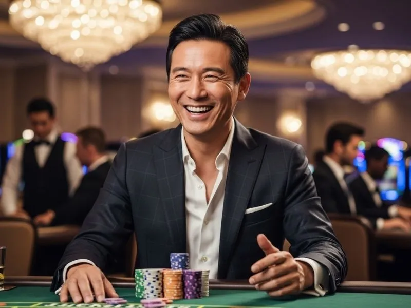 Man happily enjoying a poker game at a physical casino table at Jack Million Casino.