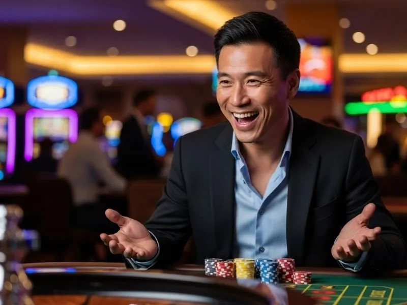 Man smiling happily while standing next to a roulette wheel in a physical casino at Jack Million Casino.