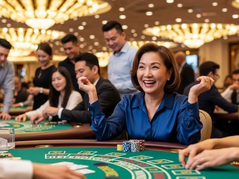 Woman happily cheering at a poker table in a physical casino, celebrating her win at Jack Million Casino.