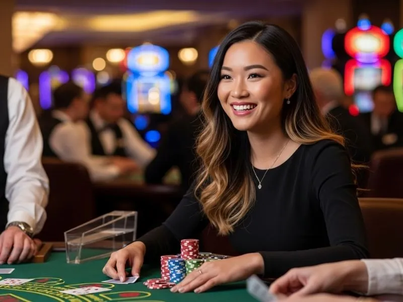 Lady happily playing blackjack and smiling inside the Jai Alai Building at Calder Casino