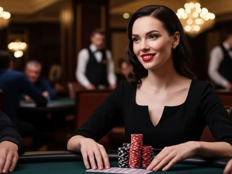 Lady smiling while holding poker chips at a table inside the Jai Alai Building at Calder Casino.