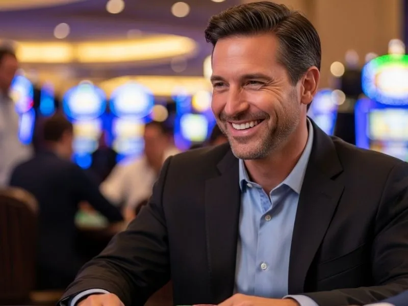 Man happily playing blackjack inside the Jai Alai Building at Calder Casino, smiling and enjoying the physical casino experience.