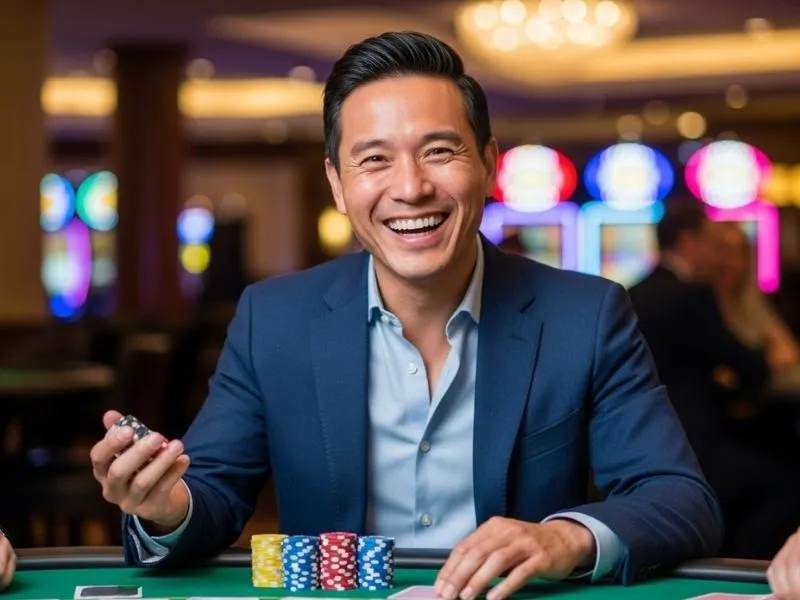 Man happily celebrating a casino table win inside the Jai Alai Building at Calder Casino, enjoying the lively atmosphere.