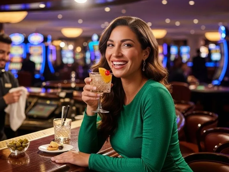 Woman enjoying a drink at a lively casino bar, smiling and relaxed, at Jefe Casino.