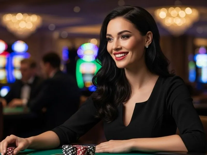 Woman happily placing a bet on a baccarat table at Jefe Casino, enjoying the thrill of live casino gaming.