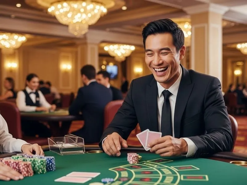 Man happily smiling while holding playing cards at a physical casino, enjoying his win at Jefe Casino.