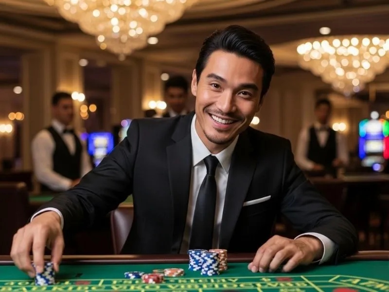 Young man smiling while placing bets on a baccarat table at a Jefe Casino, enjoying the live casino atmosphere.