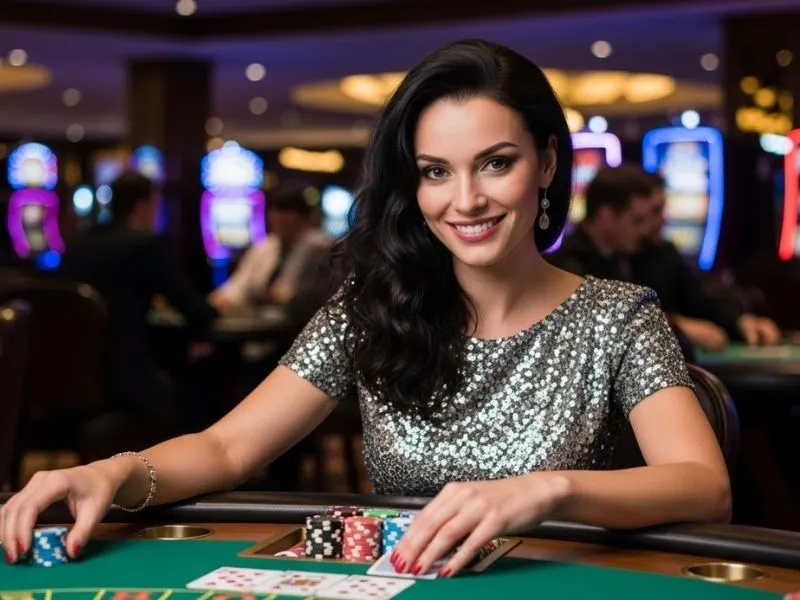 A smiling woman placing a bet on a poker table at a physical casino, enjoying her game at Just Bet Casino.
