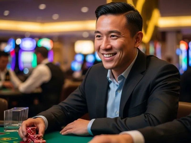 Man happily placing chips on a casino table at a physical casino, enjoying a winning moment at Just Bet Casino.
