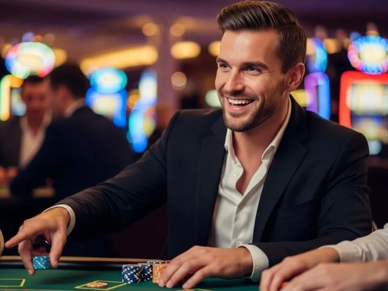 Man smiling and placing a bet at a physical casino table at Just Bet Casino.