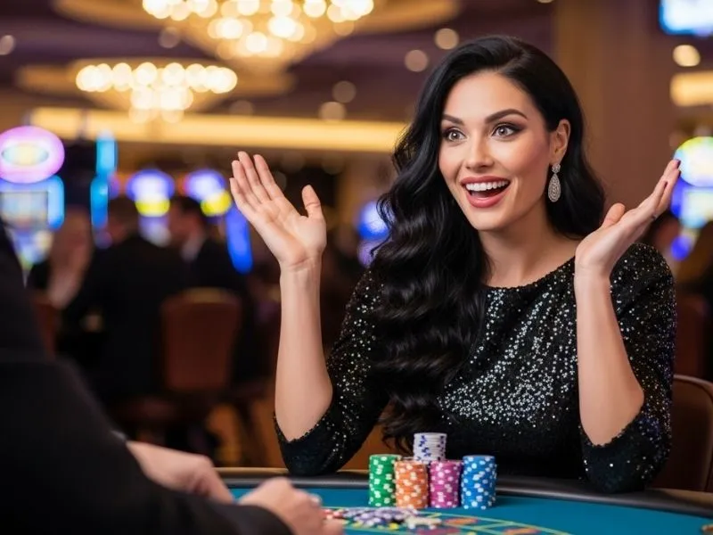 Woman happily enjoying a casino table game at Just Bet Casino in a lively physical casino setting.