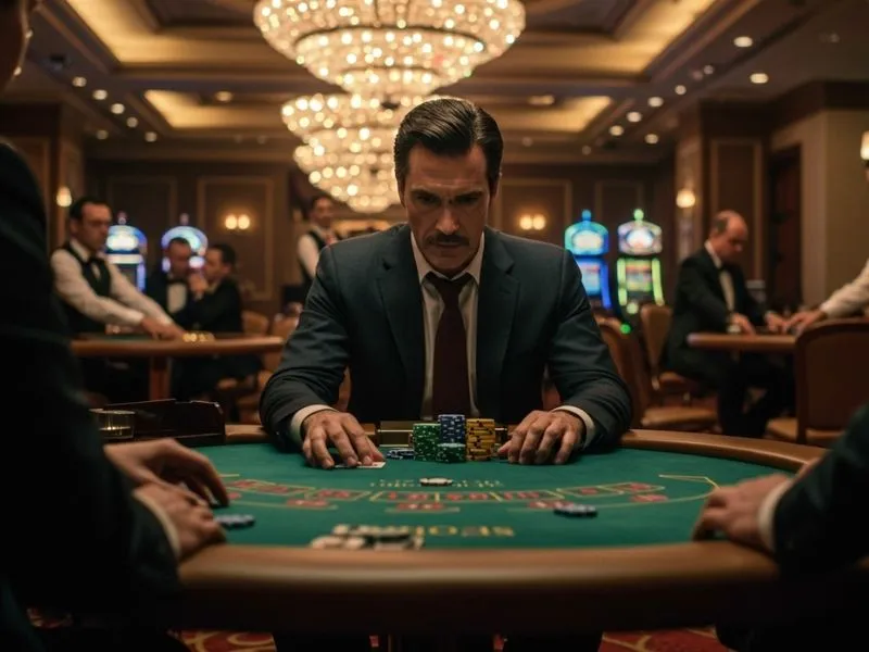 Focused man playing poker at lucky calico online casino