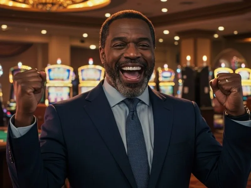 Happy visitor standing in a lively gaming hall at Lucky Calico Online Casino