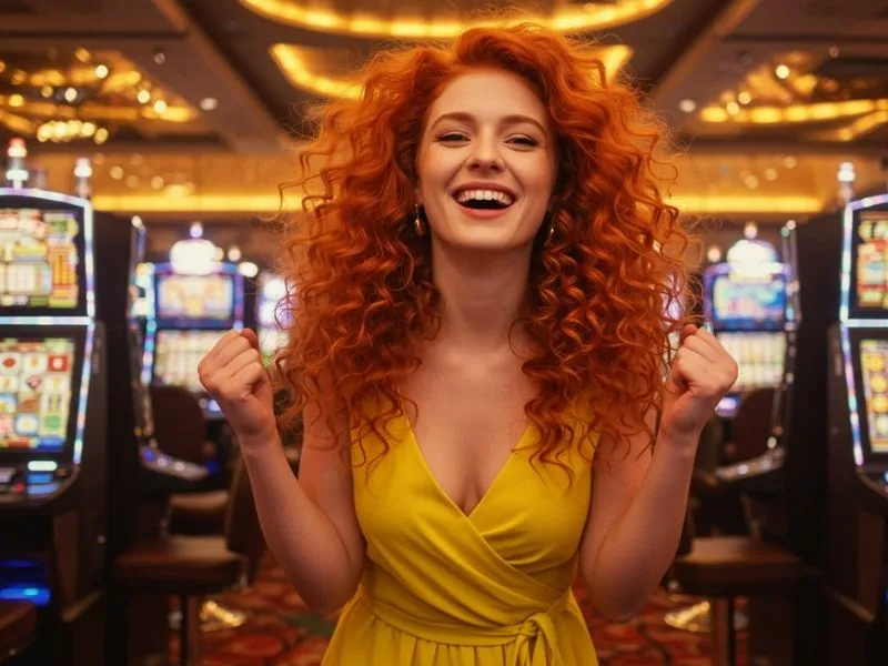 Happy woman posing beside a slot machine at Lucky Calico Online Casino