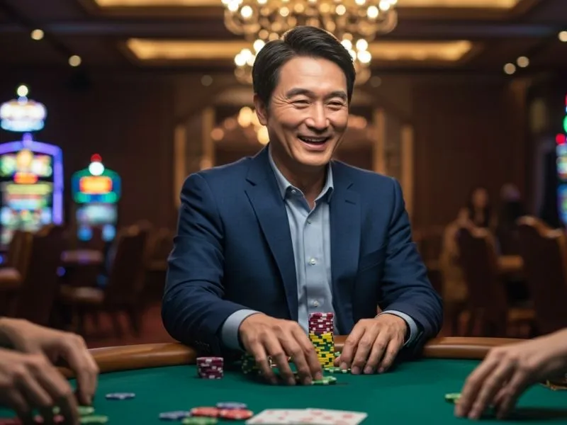 Smiling poker player proudly showing his winnings at Lucky Calico Online Casino