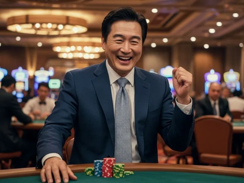 Happy man celebrating a poker victory at Lucky Horse Online Casino
