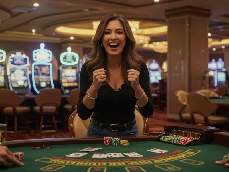 Happy woman cheering at a poker table in Lucky Horse Online Casino