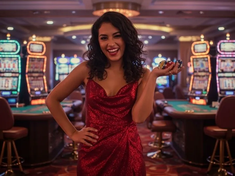 Joyful woman posing in a vibrant Lucky Horse Online Casino setting