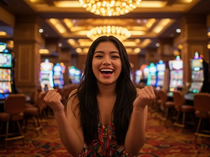 Joyful woman visiting the Lucky Horse Online Casino, enjoying the vibrant casino hall
