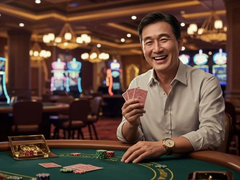 Smiling poker player holding cards while enjoying the fun at Masaya 365 Casino