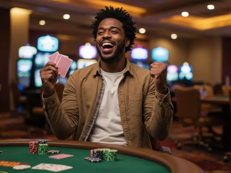 Smiling player holding poker cards at Masaya 365 Casino table
