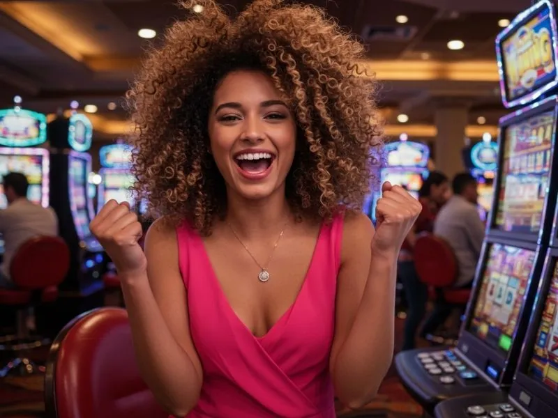 Smiling woman cheering with excitement while playing slots at Masaya 365 Casino