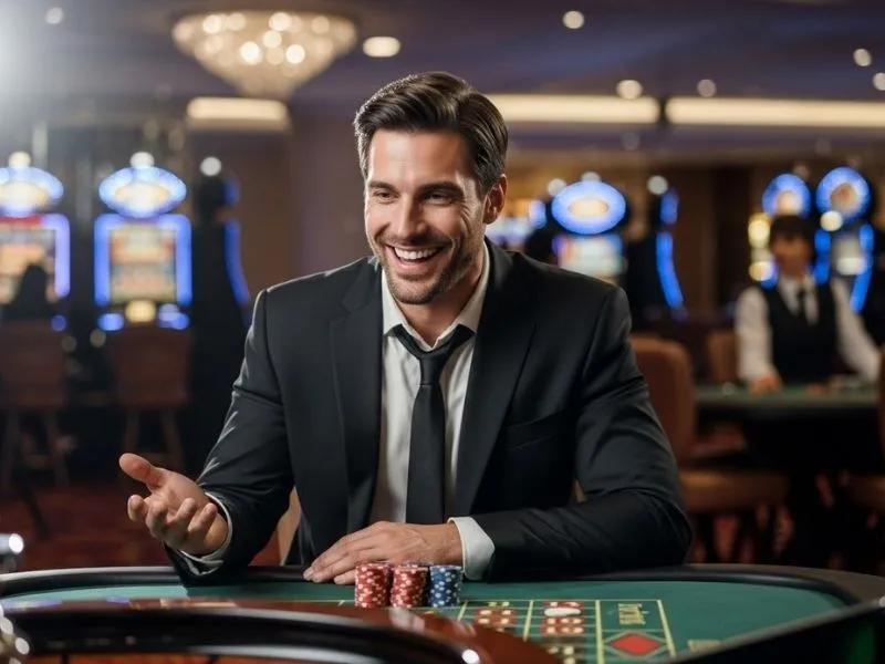 Man smiling and enjoying a physical roulette game at a casino, representing excitement in milyon88 casino online games.