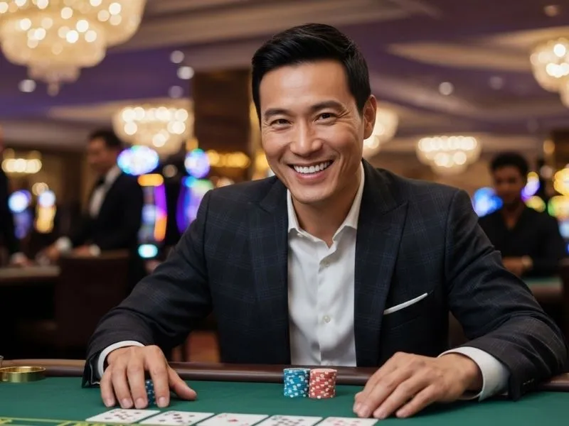 Man smiling while playing poker at a casino table, enjoying milyon88 casino online games experience in person.