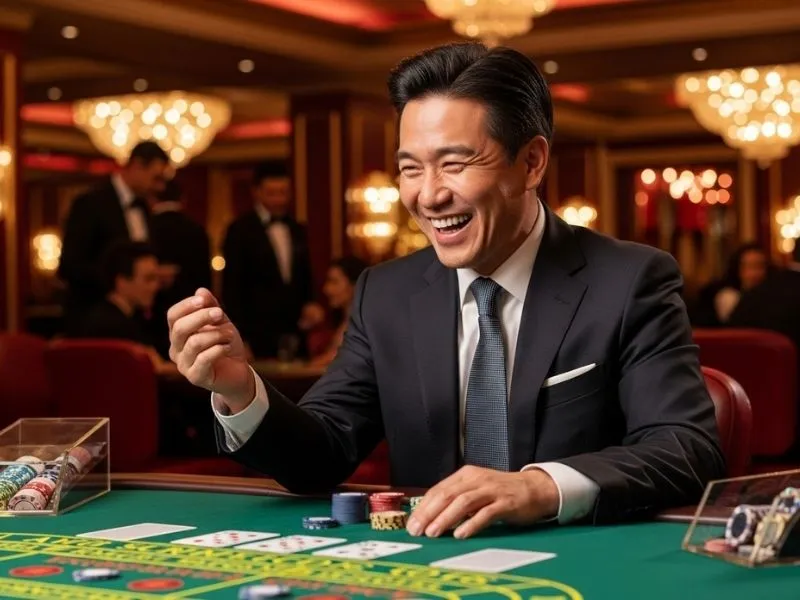 Man smiling with poker chips and cards at a casino table, enjoying milyon88 casino online games experience.