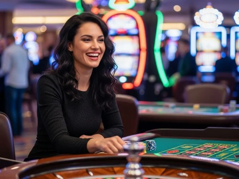 Woman happily playing at a physical roulette table, enjoying milyon88 casino online games experience.