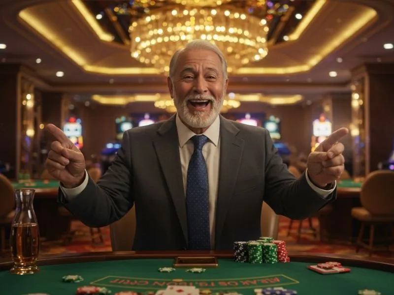 Excited poker player cheering at a casino table after logging in via mwplay888 casino login