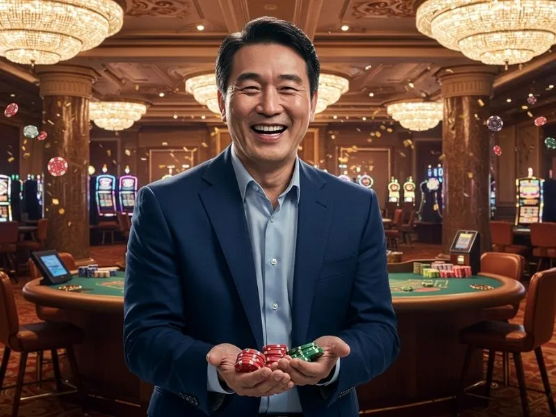 Happy casino player holding chips after winning, representing mwplay888 casino login experience
