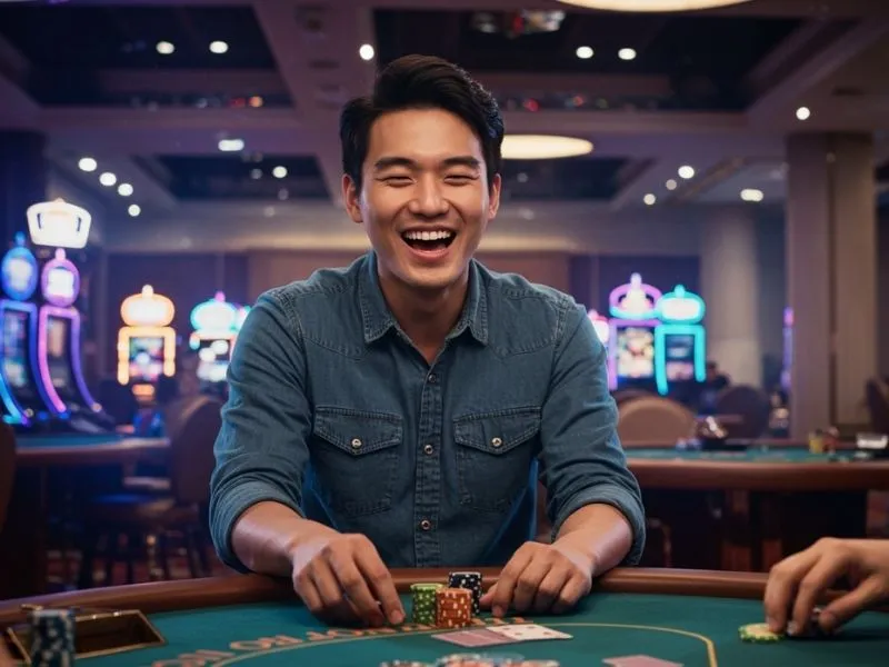 Poker player laughing during a fun game session at nn777 online casino