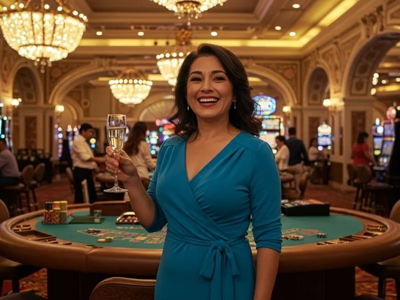 Smiling lady posing confidently on the casino floor at nn777 online casino