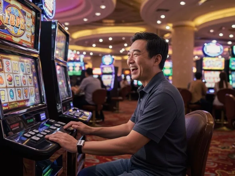 Smiling player sitting at a slot machine inside nn777 online casino