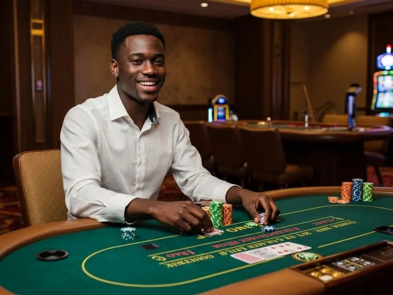 Excited poker player smiling at the table while enjoying pagtaya online casino experience