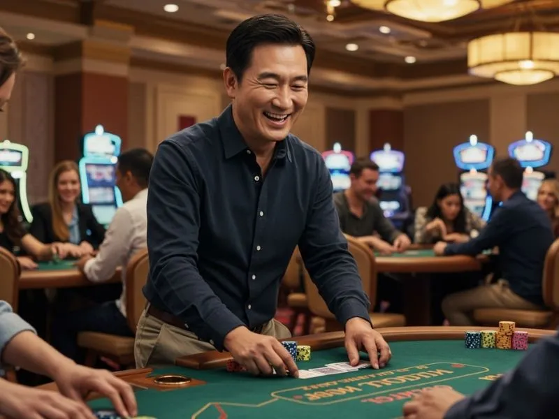 Happy player smiling while enjoying a poker game in a pagtaya online casino
