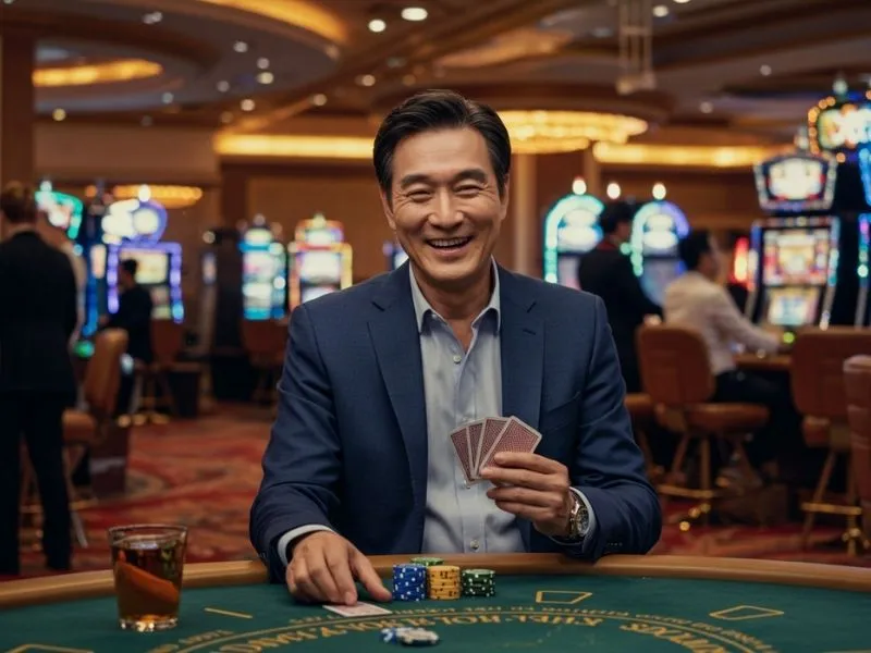 Smiling man enjoying poker at a vibrant pagtaya online casino