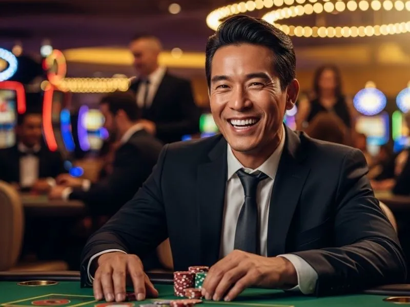 Man happily smiling while sitting at a casino table with chips, enjoying his time at Pampanga casino.