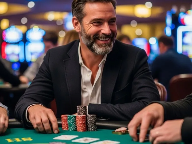Smiling elderly man with poker chips on a casino table at Pampanga Casino