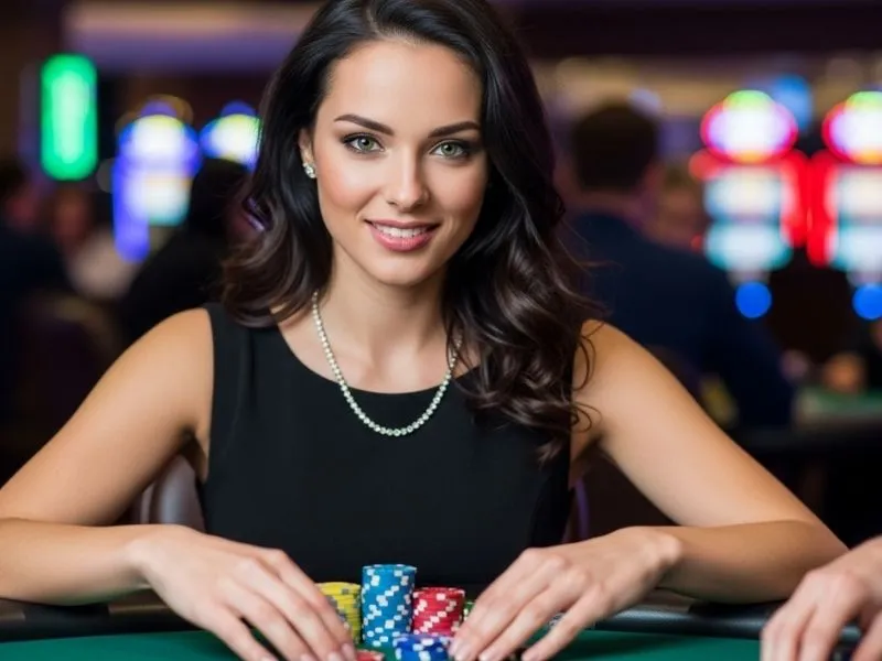 A happy woman smiling and celebrating her poker win at a Pampanga casino, enjoying the thrill of a live game.