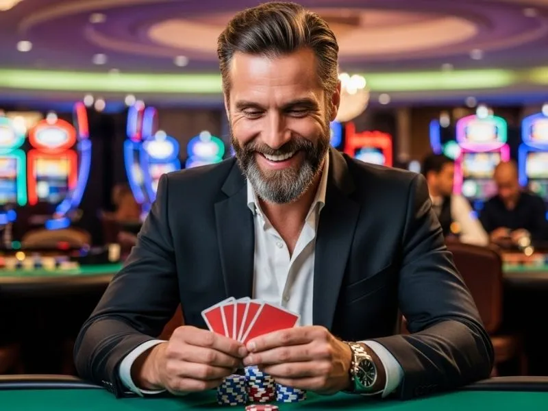 Older man happily smiling while holding cards at a persona 5 casino dice game in a physical casino.
