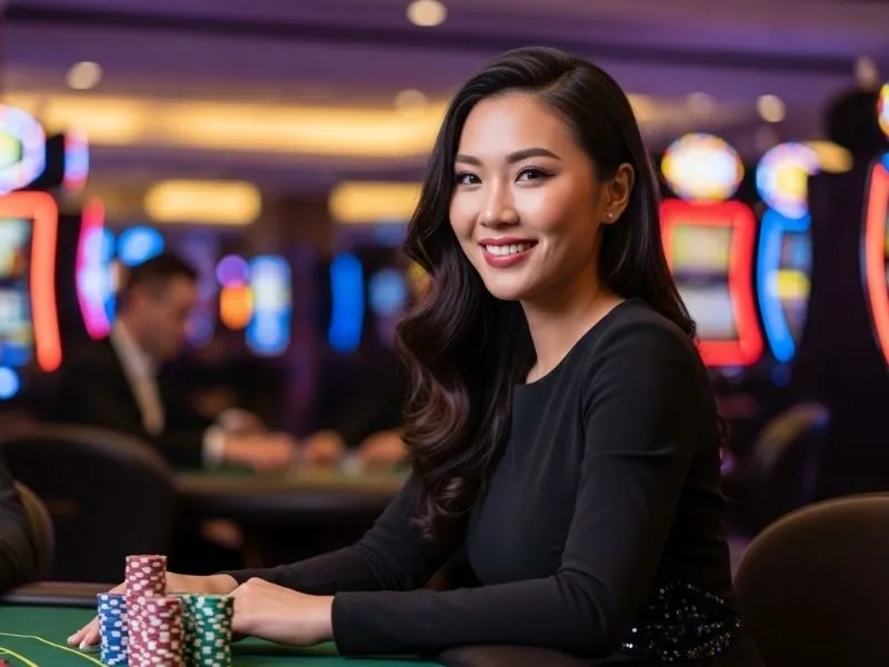 Woman enjoying a persona 5 casino dice game at a poker table with a happy expression in a physical casino.