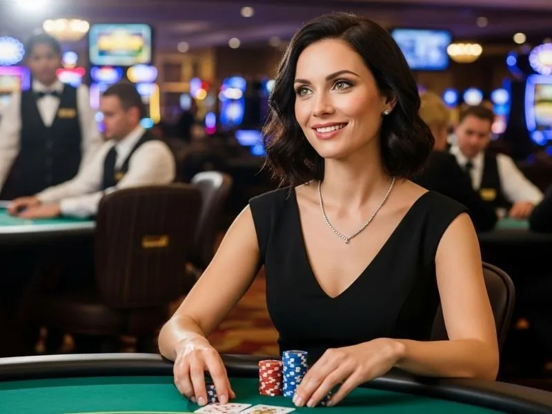 Woman smiling while placing a bet in a persona 5 casino dice game during a poker round at a physical casino.